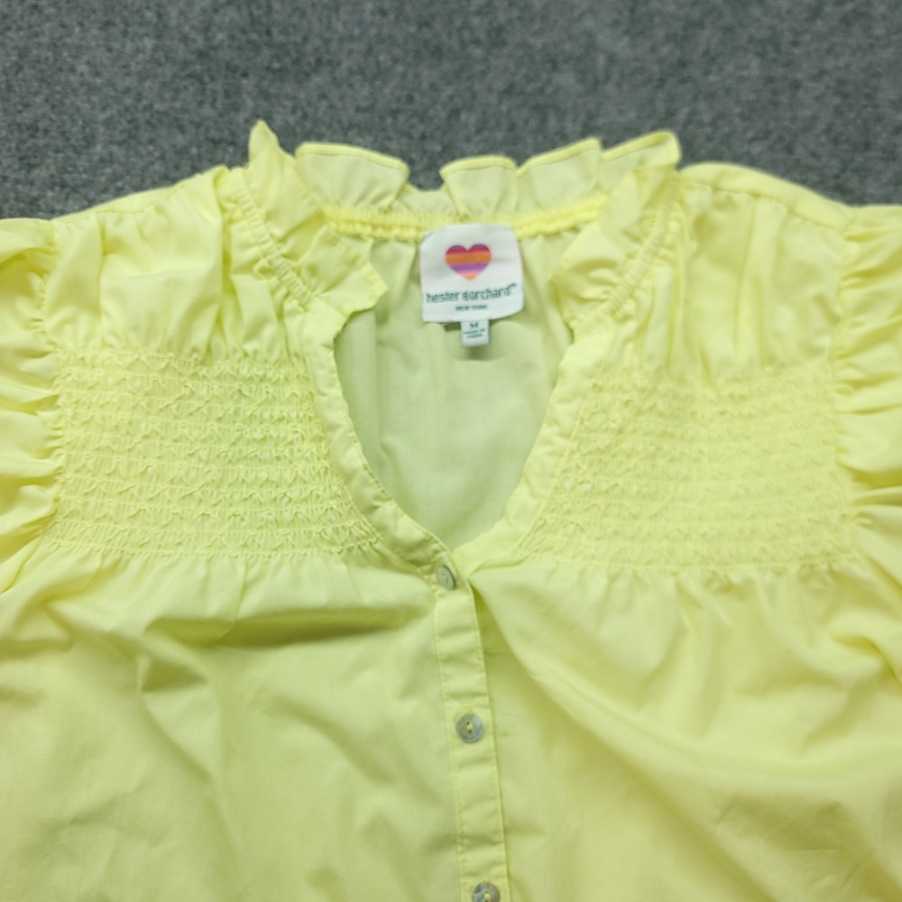 Hester & Orchard Yellow Smocked Ruffle V-Neck Puff Sleeve Blouse Medium - Picture 7 of 16